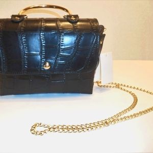 Vegan Mini Black Gold Chain Handbag NWT Modern Bling Croc Print Evening Weekend
